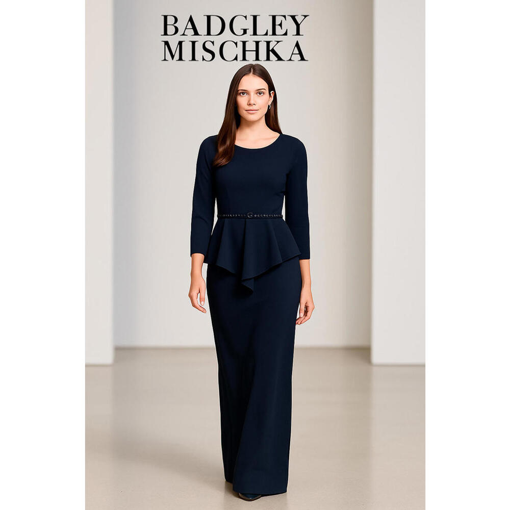 Badgley Mischka sz 4 Long Sleeve Modest Peplum Navy Gown MOB Gala Runway Couture